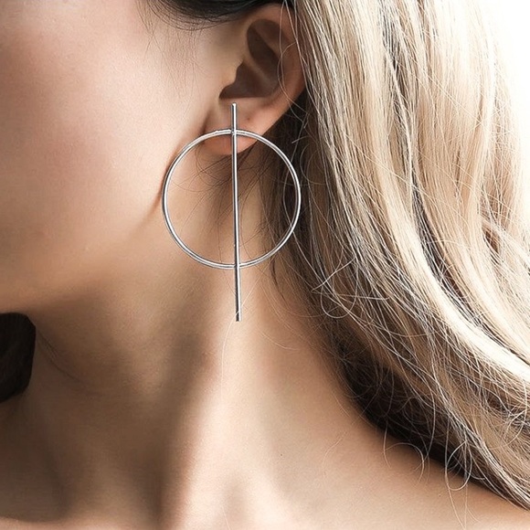 Any 2/$20! Large Silver Circle Vertical Bar Stud Earrings - Picture 5 of 8